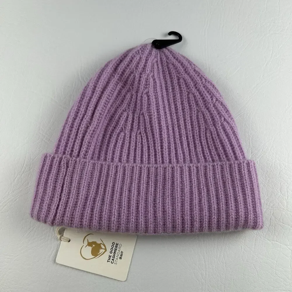 100% Cashmere Violet Ribbed Knit Beanie Cuffed Winter Hat Women’s